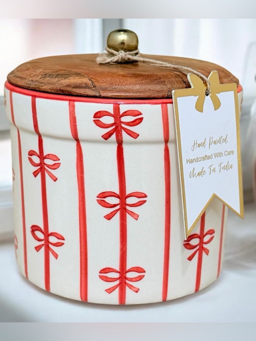 NWT Made in India Artisan Cream & Red Stripes & Bows Ceramic Canister w Wood Lid